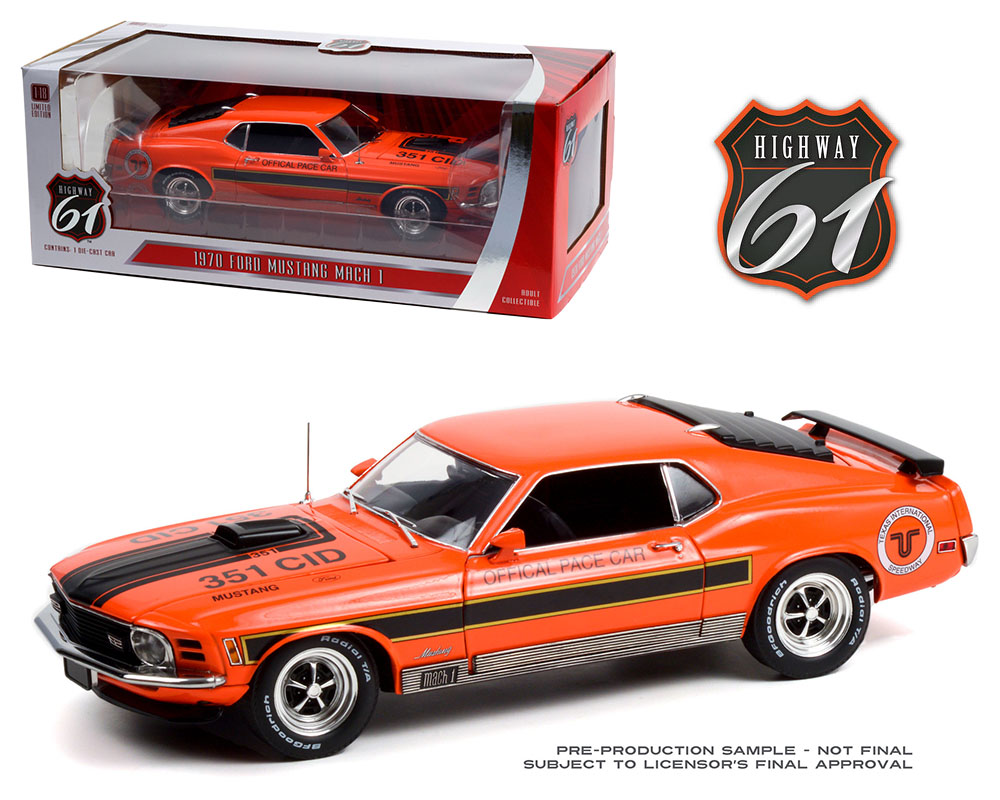Highway 61 1:18 1970 Ford Mustang Mach 1 - Texas International Speedway  Official Pace Car (Orange)