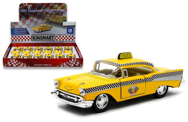 Kinsmart 1:40 1957 Chevrolet Bel Air Taxi 5″ – Display Tray Set of 12