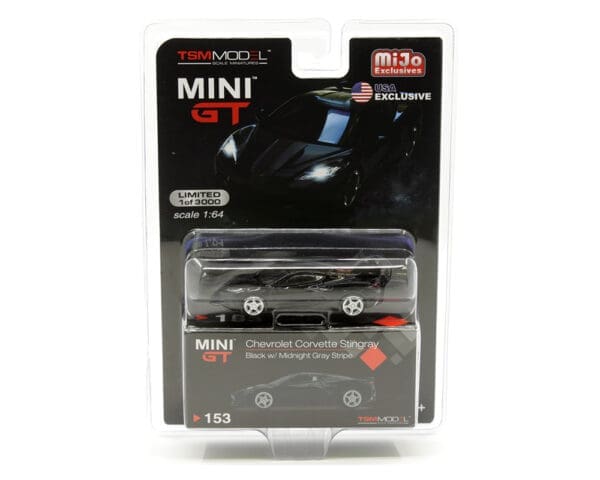 Mini GT 1:64 MiJo Exclusives – 2020 Chevrolet Corvette Stingray – Black w/ Midnight Grey Stripe LHD