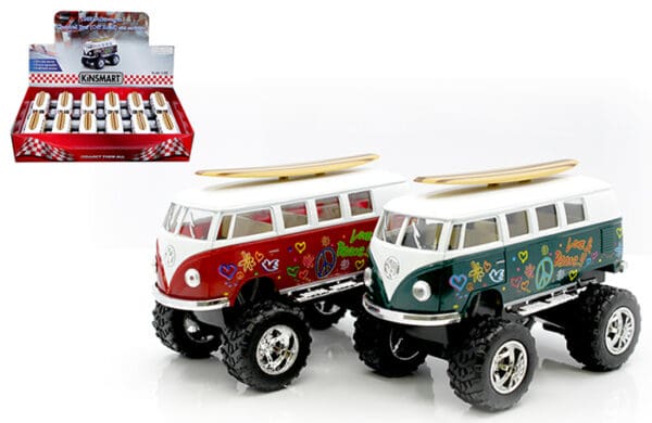 Kinsmart 1:32 1962 Volkswagen Bus Big Foot Longboard Flower 5″ – Display Tray