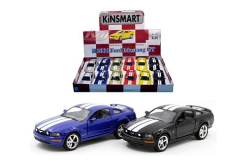 Kinsmart 1:38 2006 Ford Mustang GT with Stripes 5″ – Display Tray Set of 12