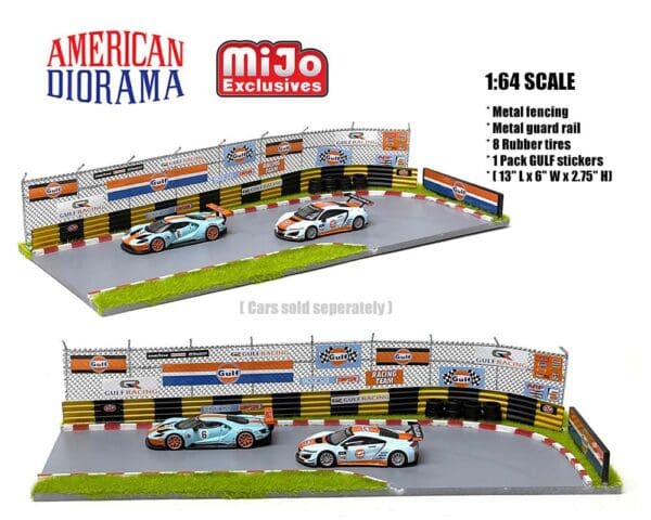 American Diorama 1:64 MiJo Exclusives Racetrack Diorama with Auto World Gulf Racing Livery Stickers included Limited 2,400