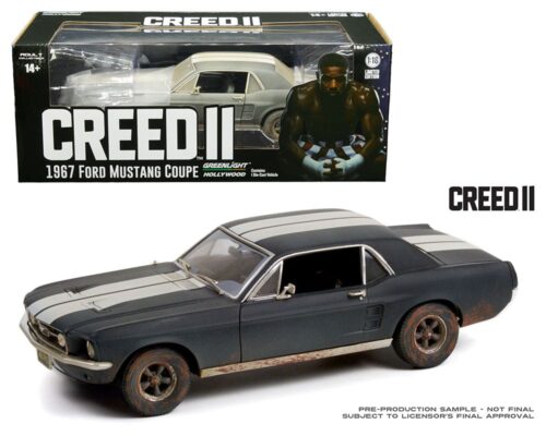 Greenlight 1:18 1967 Ford Mustang Coupe – Matte Black with White Stripes (Weathered)  – Creed II – Adonis Creed’s -Hollywood