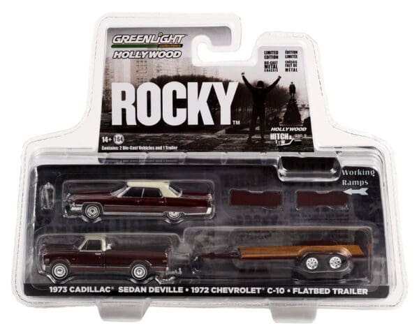 Greenlight 1:64 Hollywood Hitch & Tow Series 10 – Rocky – 1973 Cadillac Sedan DeVille – 1972 Chevrolet C10 and Flatbed Trailer