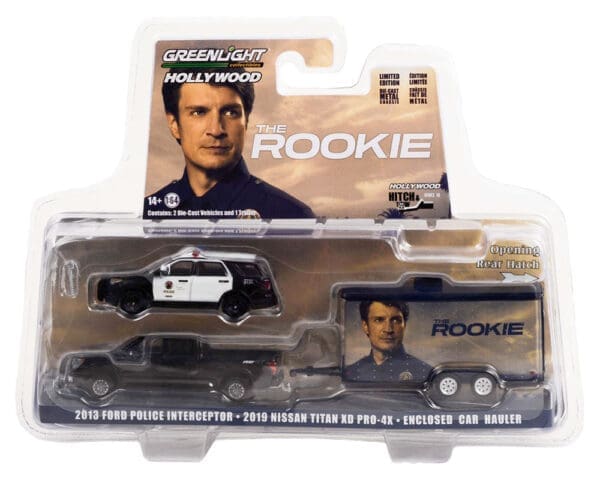 Greenlight 1:64 Hollywood Hitch & Tow Series 10 – The Rookie – 2013 Ford Police Interceptor – 2019 Nissan Titan XD Pro-4X – Enclosed Car Hauler