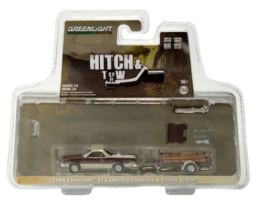 Greenlight 1:64 Hitch & Tow Series 24 – 1984 Chevrolet El Camino Conquista and Utility Trailer (Burgundy and Wood)