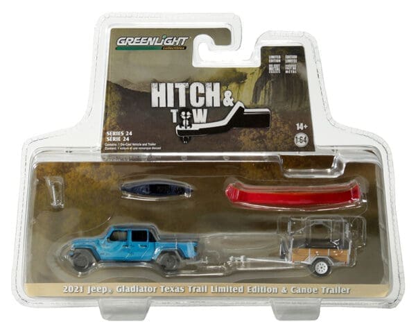 Greenlight 1:64 Hitch & Tow Series 24 – 2021 Jeep Gladiator Texas Trail Limited Edition and Canoe Trailer (Wood)