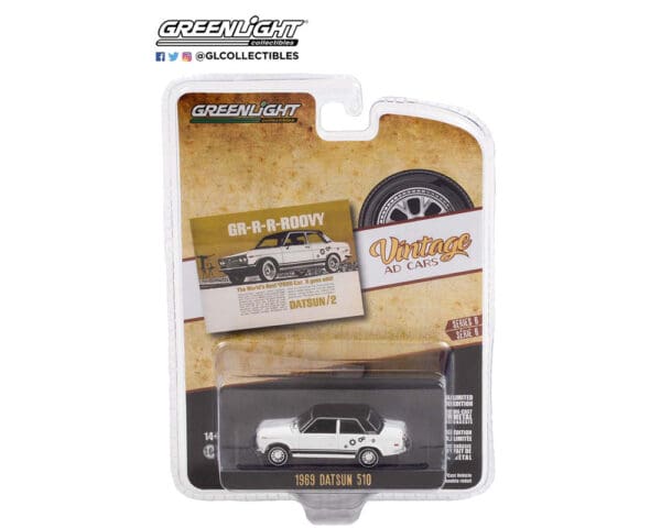 Greenlight 1:64 Vintage Ad Cars Series 6 – 1969 Datsun 510 (White with black top)