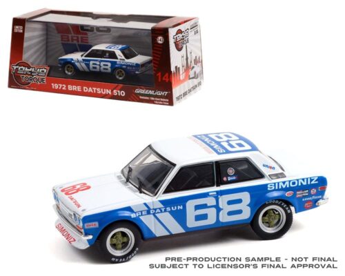 Greenlight 1:43 Tokyo Torque – 1972 BRE Datsun 510 #68 Guest Car – Peter Gregg – White/Blue