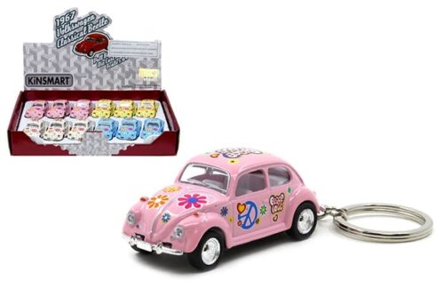 Kinsmart 2″ 1967 Volkswagen Classical Beetle Keychain in Peace 1:64 – Display Tray Set of 12