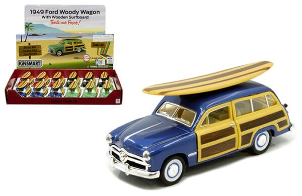 Kinsmart 1:40 1949 Ford Woody Wagon with Surfboard 4.5″ – Display Tray Set of 12