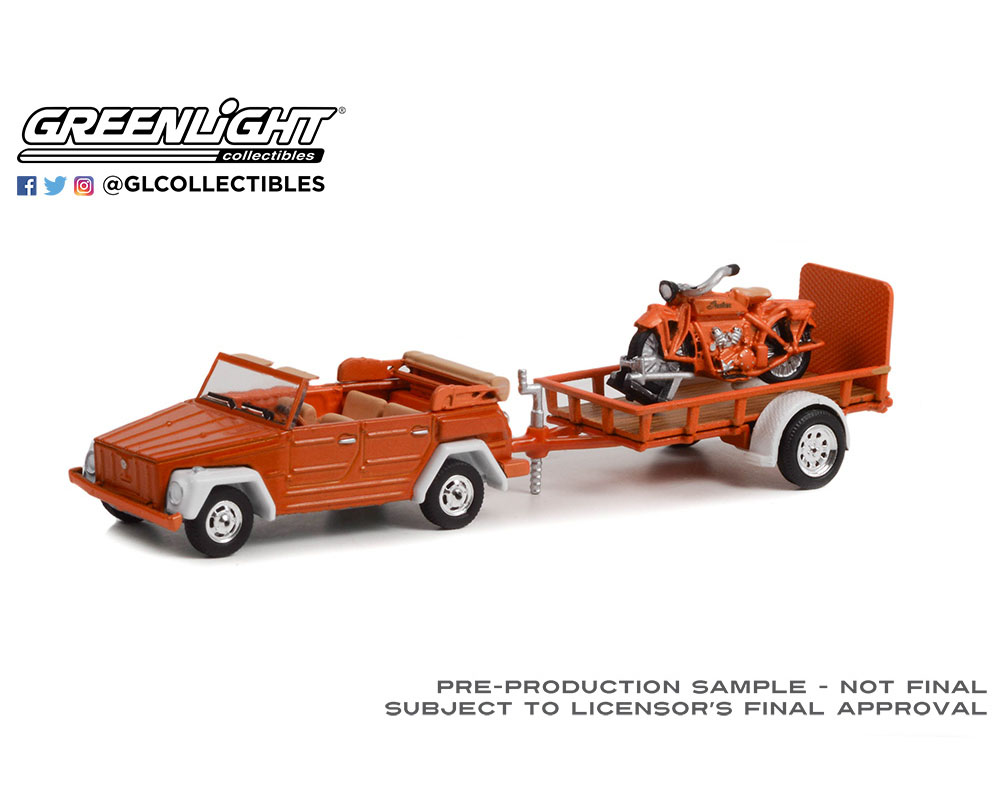 Greenlight 1:64 Hitch & Tow Series 26- 1973 Volkswagen Thing (Type 181) and  Utility Trailer with 1920 Indian Scout Solid Pack