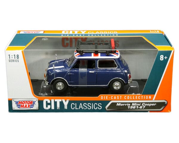 Motormax 1:18 1961-1967 Morris Mini Cooper with roof basket, gas can, and shovel (Blue with white stripes and Union Jack roof) – City Classics