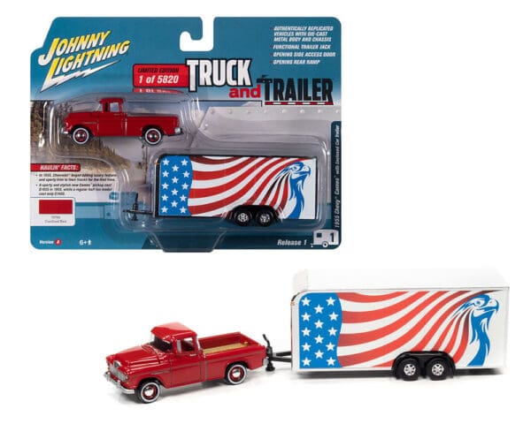 Johnny Lightning 1:64 Truck & Trailer – 1955 Chevrolet Cameo with Enclosed Trailer