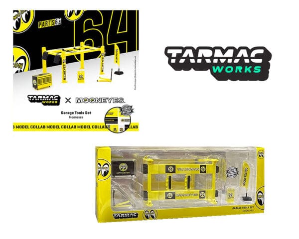 Tarmac Works 1:64 Garage Tools set With 4 Post Lift Mooneyes Livery