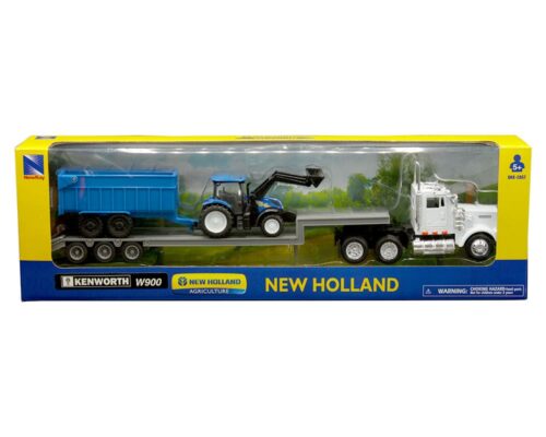 New Ray 1:43 Kenworth W900 Lowboy with New Holland Agriculture Tractor and Dump Trailer (White/Blue)