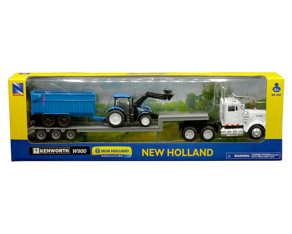 New Ray 1:43 Kenworth W900 Lowboy with New Holland Agriculture Tractor and  Dump Trailer (White/Blue)