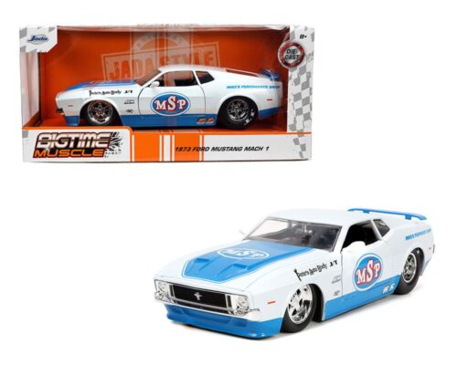 Jada 1:24 1973 Ford Mustang Mach 1 (White with blue) Mike’s Performance Shop Livery – Bigtime Muscle