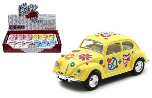 Kinsmart 1:64 1967 Volkswagen Classical Beetle with Pastel Peace Decal 2″ – Display Tray Set of 12