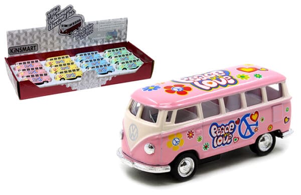 Kinsmart 2.5″1962 Volkswagen Classical Bus with Peace & Love Design 1:64 – Display Tray Set of 12