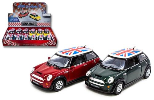 Kinsmart 1:28 Mini Cooper Sport Rally with British Flag 4.9″ – Display Tray Set of 12