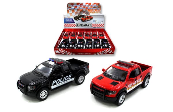 Kinsmart 1:46 2013 Ford F-150 SVT Raptor Supercrew Police & Fire Rescue 4.5″ -KT5365DPR – Display Tray Set of 12