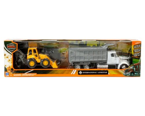 New Ray 1:43 International LoneStar Dump Truck (White) with Flatbed Trailer and Wheel Loader (Yellow)