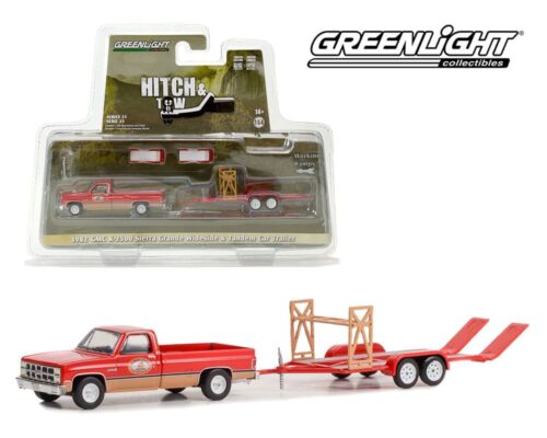 Greenlight 1:64 Hitch & Tow Series 25 – 1982 GMC K-2500 Sierra Grande Wideside – Busted Knuckle Garage – with Tandem Car Trailer