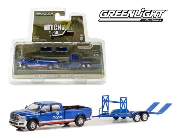 Greenlight 1:64 Hitch & Tow Series 25 – 2020 Ram 2500 Laramie – MOPAR – Tandem Car Trailer