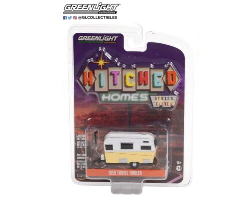 Greenlight 1:64 Hitched Homes Series 11 – 1959 Siesta Travel Trailer – White and Yellow