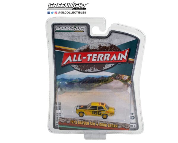 Greenlight 1:64 All-Terrain Series 13 – 1973 Datsun 510 4-Door Sedan – #166 Brock Racing Enterprises (BRE) Peter Brock and John Morton “Sugar Daddy” Mexican 1000 Rally