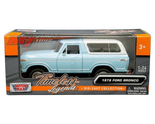 Motormax 1:24 1978 Ford Bronco Custom (light blue with white hardtop) – Timeless Legends