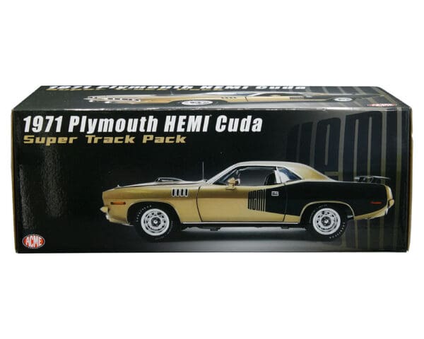 ACME 1:18 1971 Plymouth HEMI Cuda – Super Track Pack (Goldleaf Metallic with black Hemi billboard striping) – Limited 912 Pieces