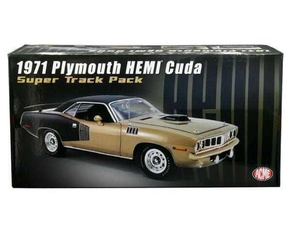 ACME 1:18 1971 PLymouth HEMI Cuda with Vinyl Top – Super Track Pack (Goldleaf Metallic with black Hemi billboard striping) – Limited 426 Pieces