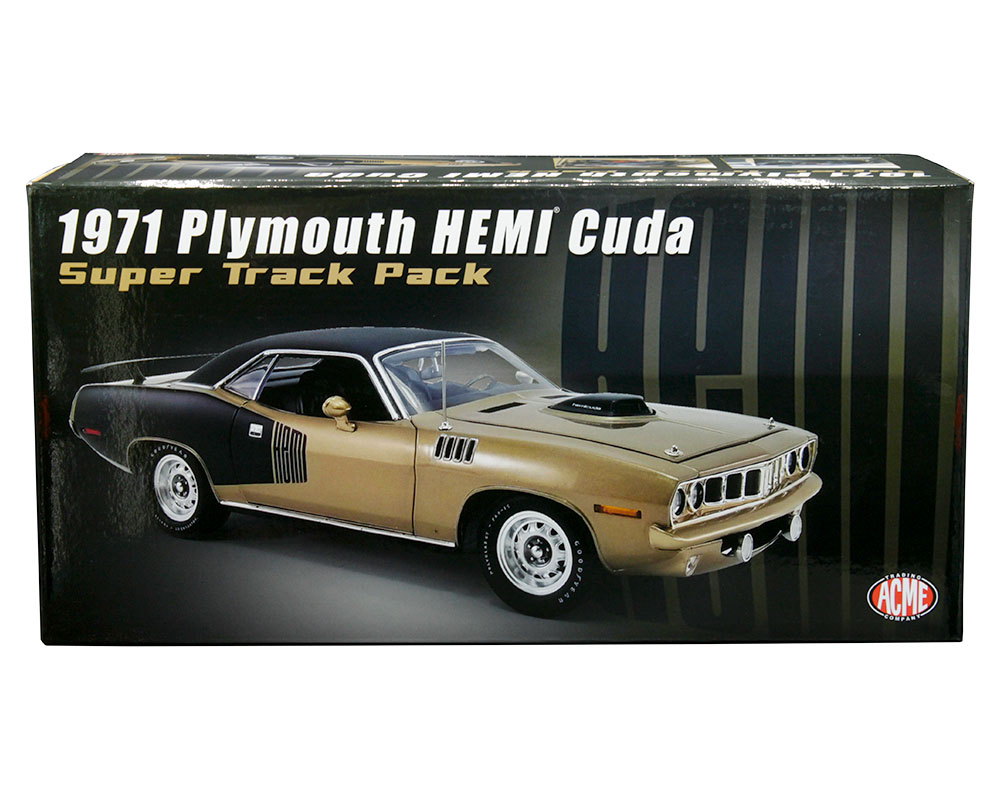 ACME 1:18 1971 PLymouth HEMI Cuda with Vinyl Top - Super Track Pack  (Goldleaf Metallic with black Hemi billboard striping) - Limited 426 Pieces