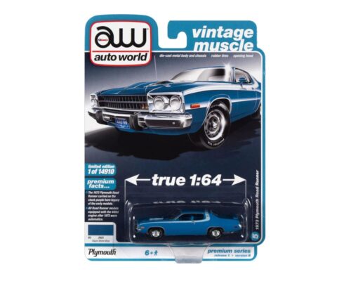 Auto World 1:64 1973 Plymouth Road Runner (Basin Street Blue with White Side and Roof Stripes) – Premium 2022 Release 1 Version B – Vintage Muscle – Solid Pack