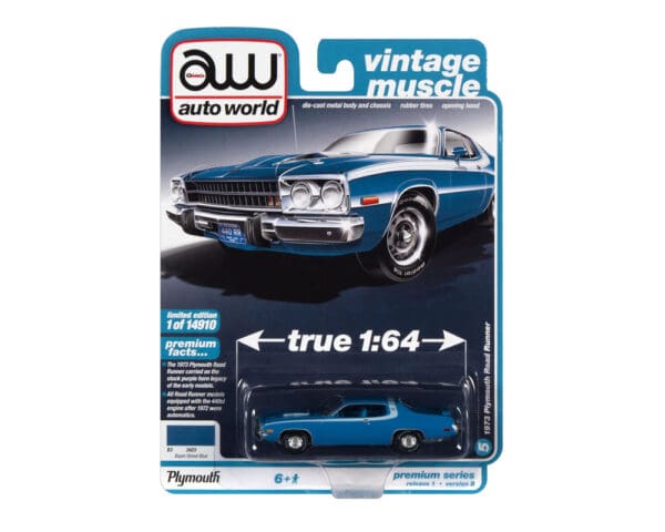 Auto World 1:64 1973 Plymouth Road Runner (Basin Street Blue with White Side and Roof Stripes) – Premium 2022 Release 1 Version B – Vintage Muscle – Solid Pack