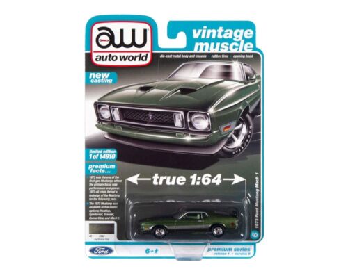 Auto World 1:64 1973 Ford Mustang Mach 1 (Ivy Bronze Poly with Silver Side Stripes) – Premium 2022 Release 1 Version B – Vintage Muscle – Solid Pack