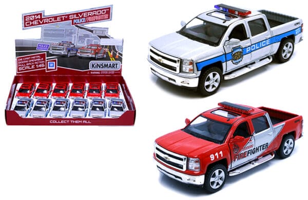 Kinsmart 1:46 2014 Chevrolet Silverado Police & Fire Department 5″ – Display Tray Set of 12