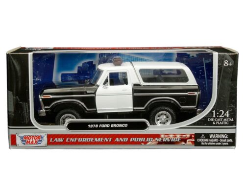 Motormax 1:24 1978 Ford Bronco Custom with Lightbar (Black and White Two-tone with white cover) – Law Enforcement and Public Service