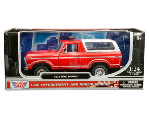 Motormax 1:24 1978 Ford Bronco Custom with Lightbar (Red with white cover) – Law Enforcement and Public Service