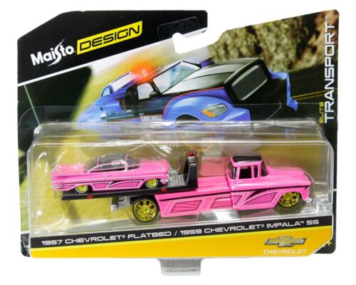 Maisto 1:64 1957 Chevrolet Flatbed / 1959 Chevrolet Impala SS – hot pink with gold wheels – Design Elite Transport