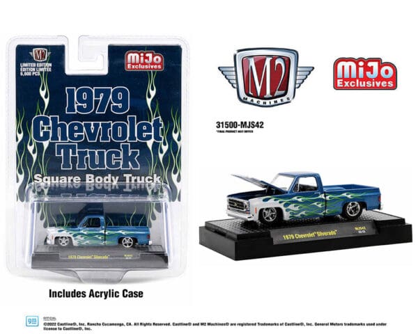 M2 Machines 1:64 1979 Chevrolet Silverado Pickup Truck Square Body Truck Blue With Flames – MiJo