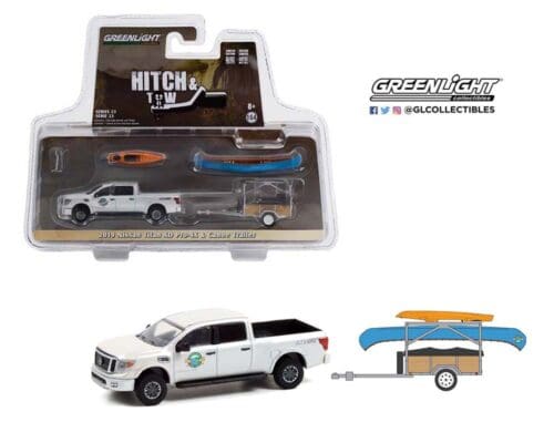 Greenlight 1:64 2019 Nissan Titan XD Pro-4X and Canoe Trailer – White – Hitch & Tow Series 23