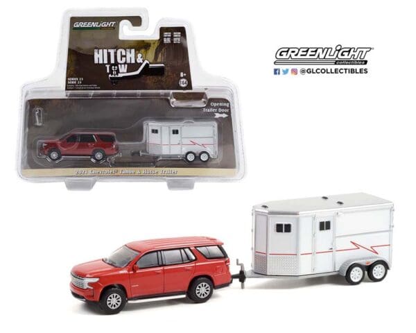 Greenlight 1:64 Hitch & Tow Series 23 – 2021 Chevrolet Tahoe with Horse Trailer – Red