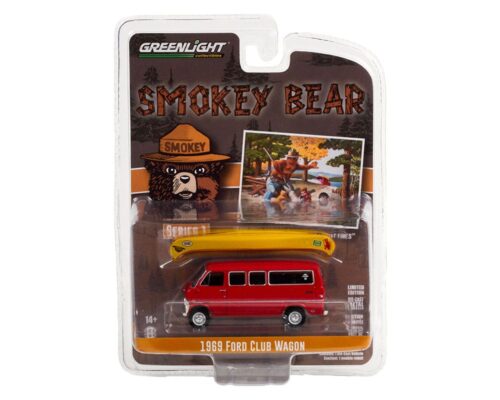 Greenlight 1:64 Smokey Bear Series 1 – 1969 Ford Club Wagon with Canoe on Roof – Care Will Prevent 9 Of 10 Forest Fires