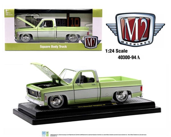 M2 Machines 1:24 1973 Chevrolet Cheyenne 10 Square Body Truck Light Olive With Bright White