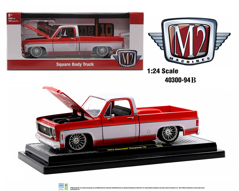 M2 Machines 1:24 1973 Chevrolet Cheyenne 10 Square Body Truck - Red With  Bright White
