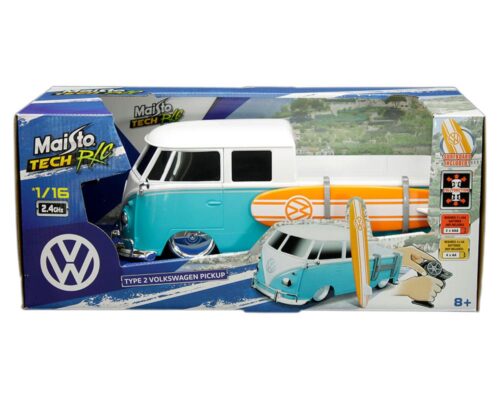 Maisto Tech R/C 1:16 Volkswagen Pickup Type 2 with Surfboard – Blue and White