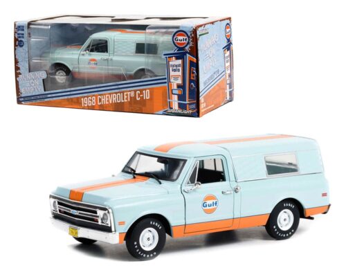 Greenlight 1:24 1968 Chevrolet C-10 with Camper Shell (light blue with orange stripe) – Gulf Oil – Running On Empty Series 5